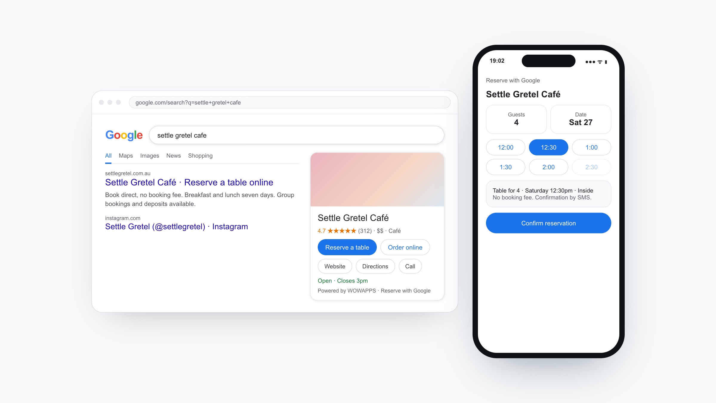 A venue's Google listing with Reserve and Order buttons beside the booking flow on a phone