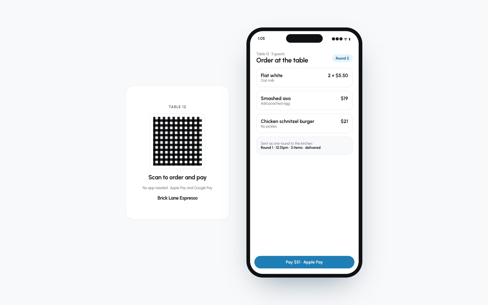 A table QR card and the order screen it opens